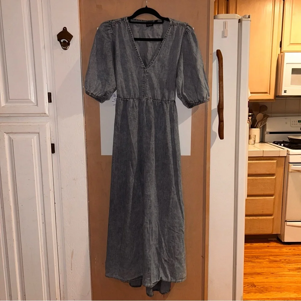 GAP Blue cutout back drop puff Dolman Sleeve V-Neck Maxi Sundress - Picture 7 of 13